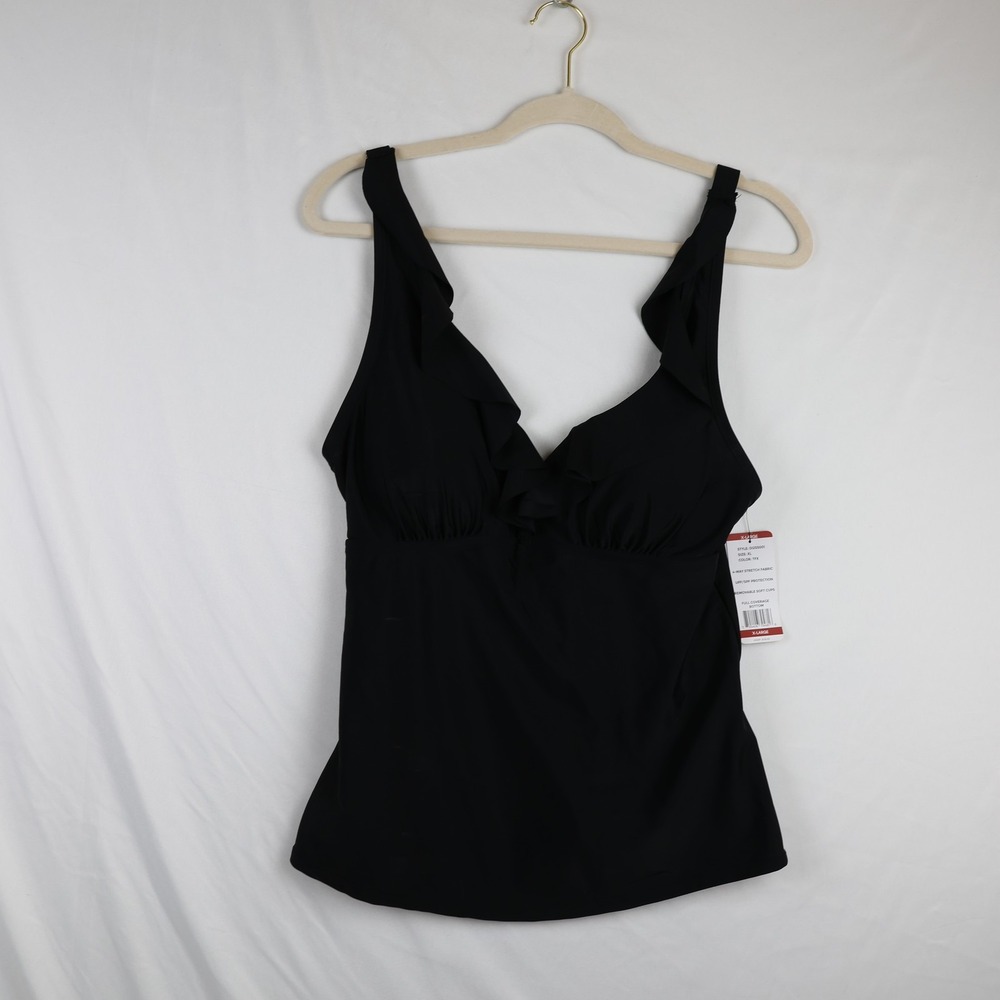 DKNY Tankini Swimsuit Top Womens XL Black Ruffle UPF Removable Cups Swimwear